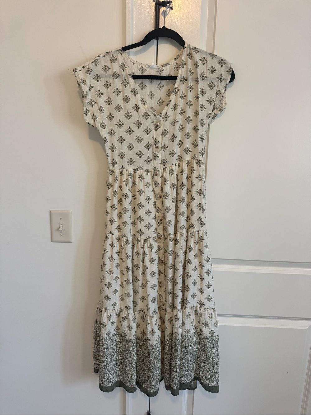 Blu Pepper Cream Midi Dress with Olive Print